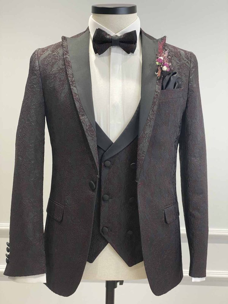 BORDO DESEN İŞLEMELI SIYAH SMOKIN DAMATLIK